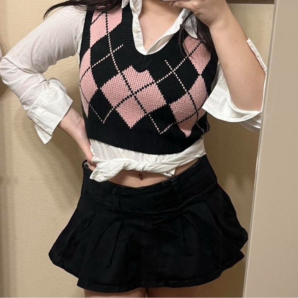 Black and Pink Argyle Sweater Vest